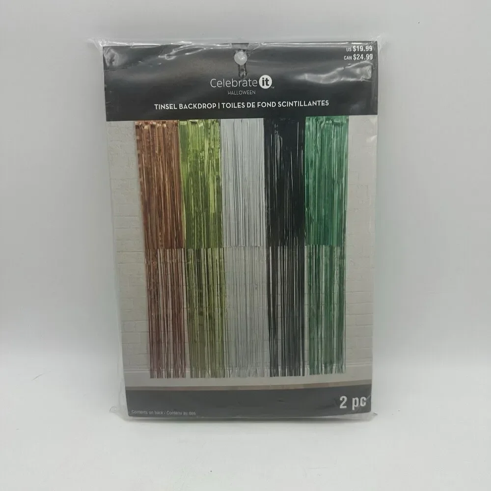 Celebrate It Halloween Tinsel Backdrop 2 Pc Metallic Fringe Orange Green Black